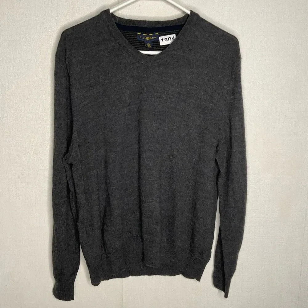 Club Room Sweater Men's Size M Medium Gray Merino‎ Wool Blend V-neck Neutral